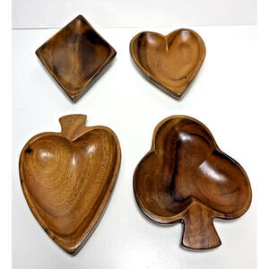 Vtg Wood Card Suite Trays Teak Snack Serving Set Nuts Trinkets Heart Diamond